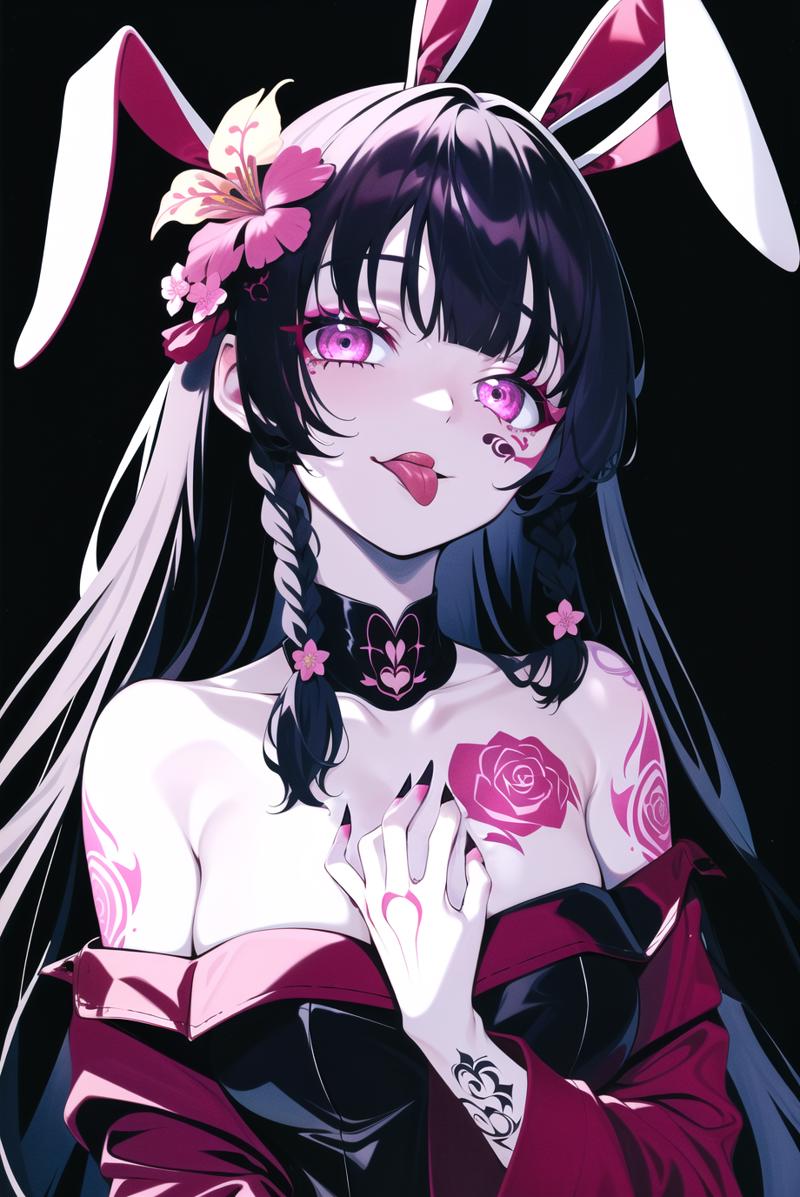 69475-3735115136-rolua, __1girl, animal ears, bangs, black background, black hair, blunt bangs, braid, bunny ornament, bunny tattoo, chest tattoo.png